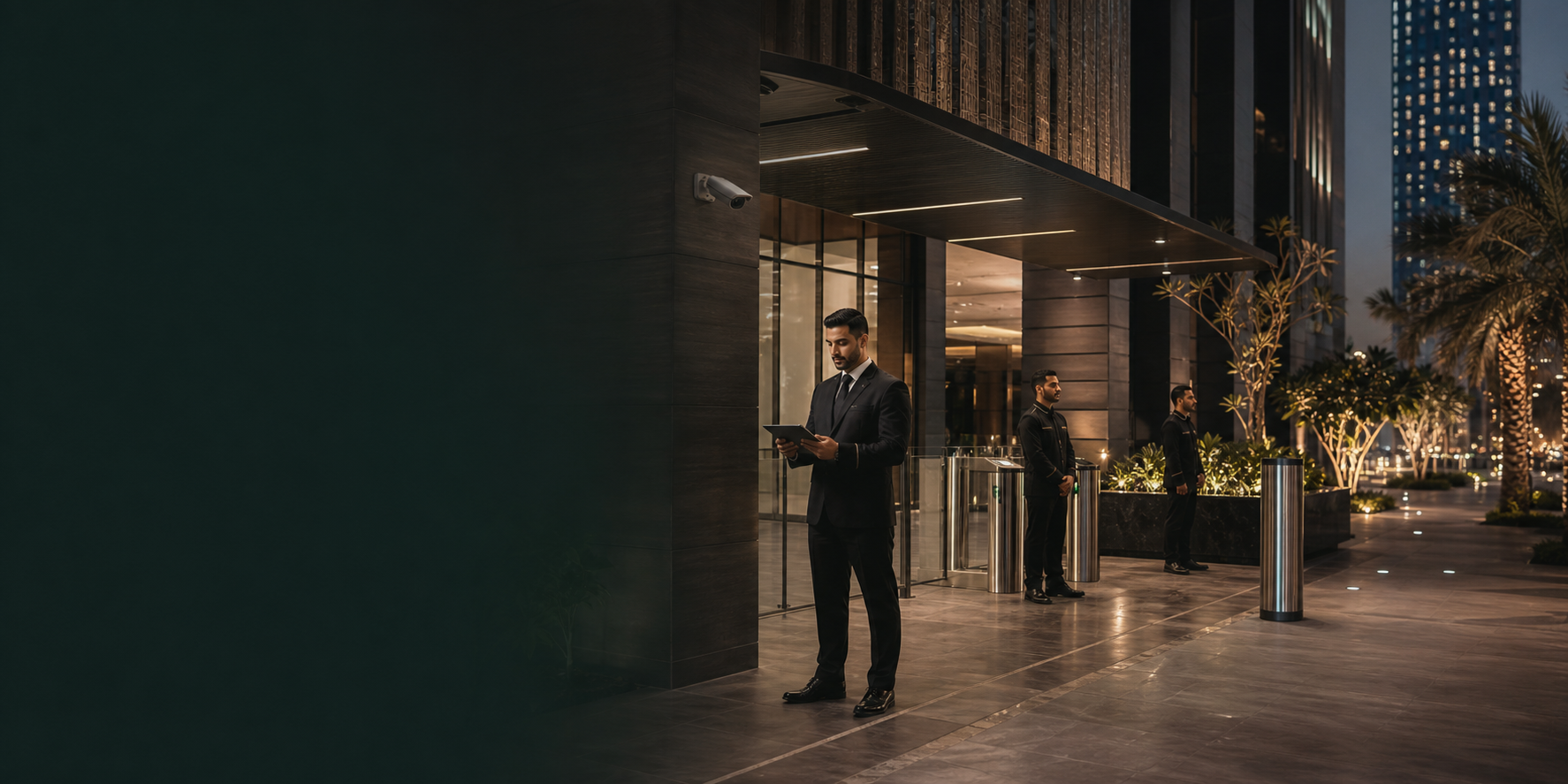 Professional security personnel supervising a modern commercial entrance
